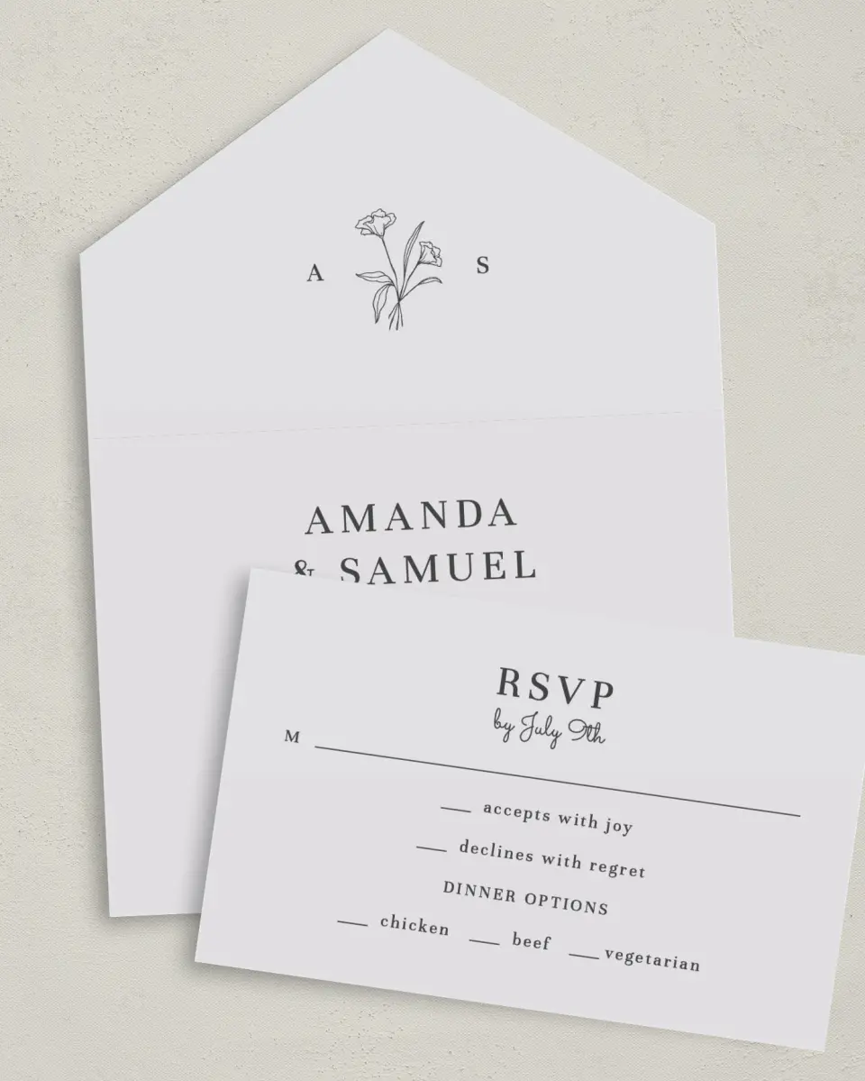 This is a 6" x 4½" All-in-One Wedding Invitation called Monogram Bloom printed in full color on Premium Smooth paper