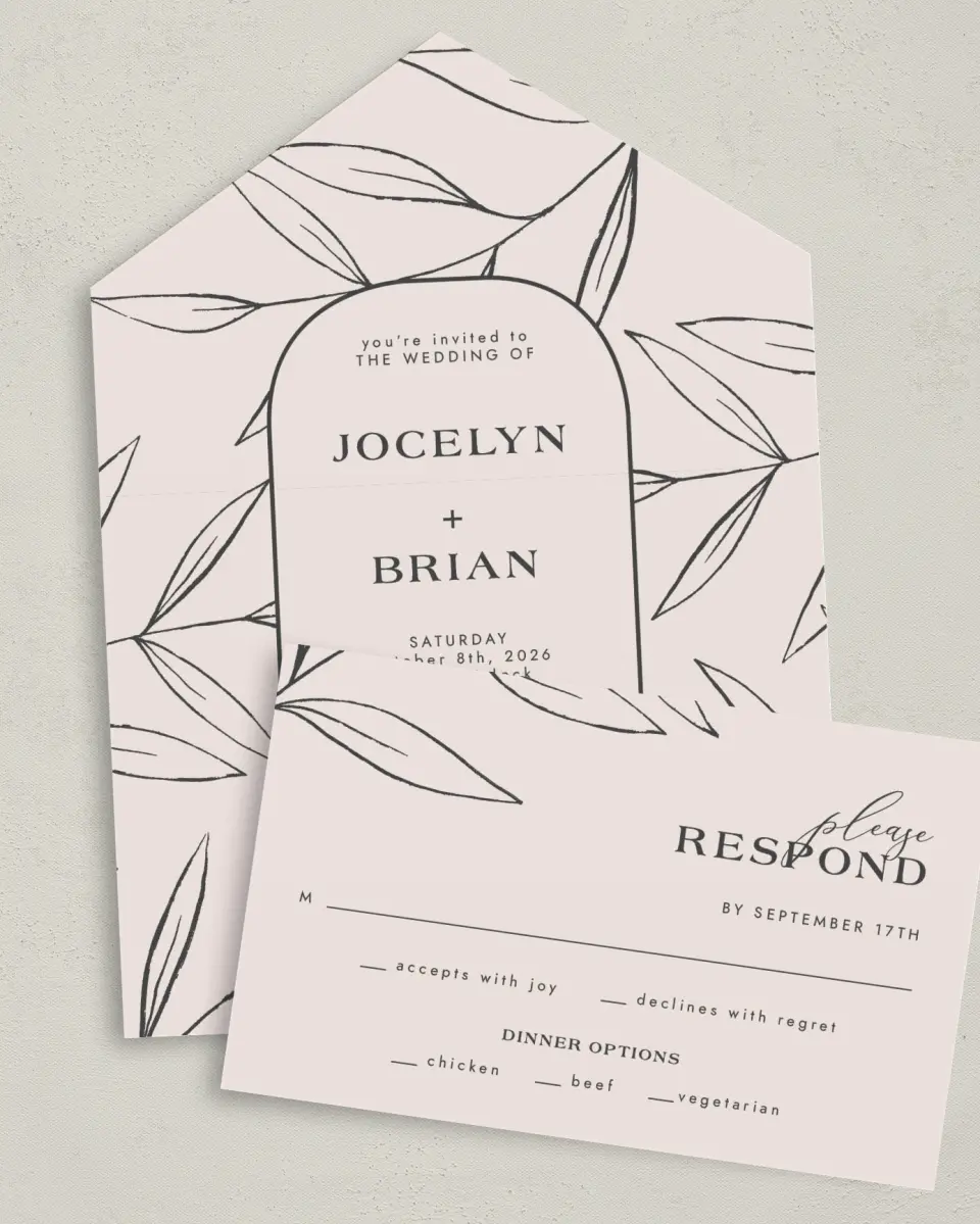 This is a 6" x 4½" All-in-One Wedding Invitation called Dazzling Moment printed in full color on Premium Smooth paper