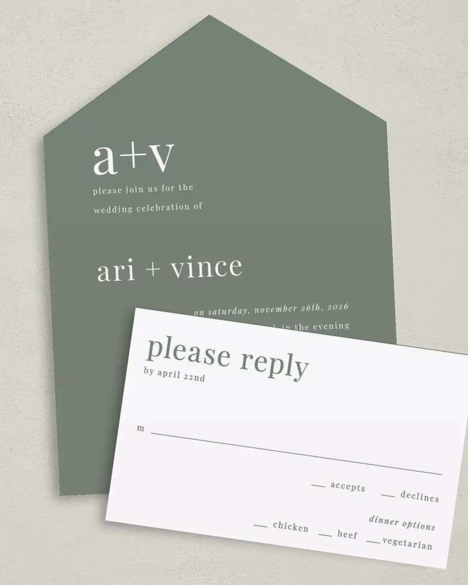 This is a 6" x 4½" All-in-One Wedding Invitation called Darling Digest printed in full color on Premium Smooth paper