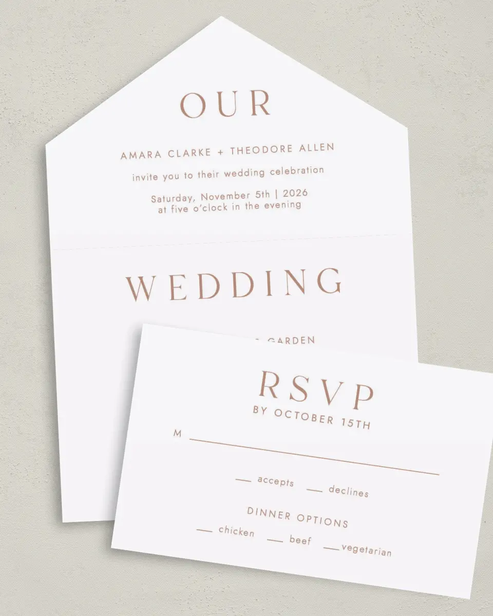 This is a 6" x 4½" All-in-One Wedding Invitation called Stacked Pair printed in full color on Premium Smooth paper