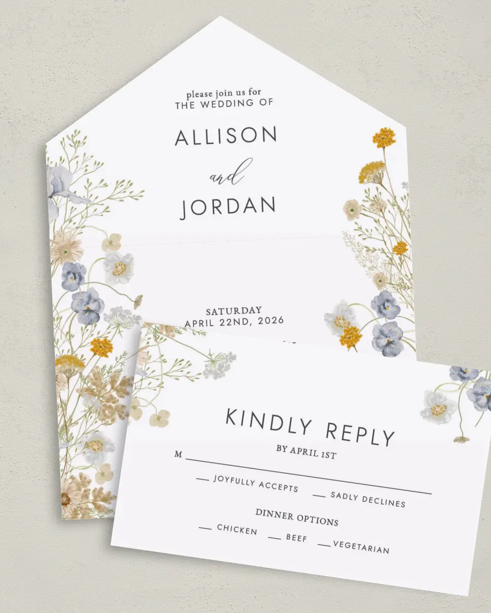 This is a 6" x 4½" All-in-One Wedding Invitation called Tender Blooms printed in full color on Premium Smooth paper