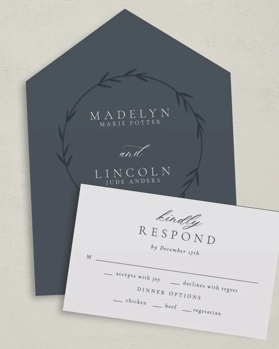 This is a 6" x 4½" All-in-One Wedding Invitation called Subtle Wreath printed in full color on Premium Smooth paper