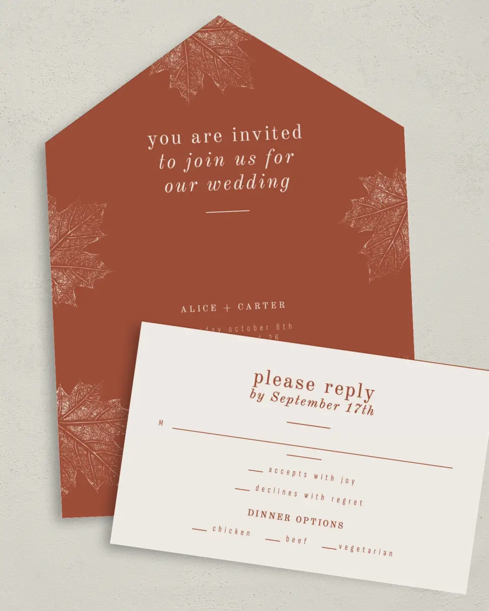 This is a 6" x 4½" All-in-One Wedding Invitation called Turning Leaves printed in full color on Premium Smooth paper