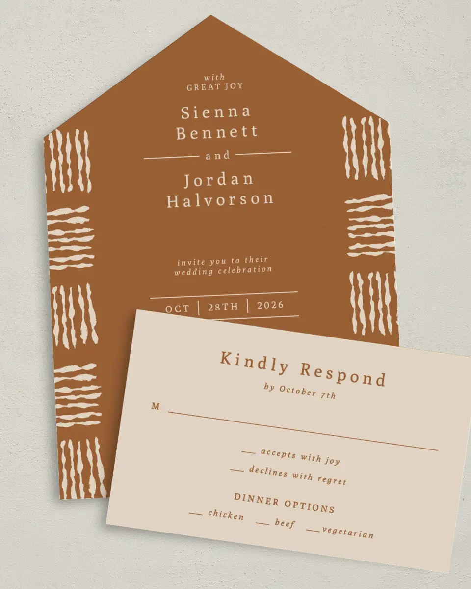 This is a 6" x 4½" All-in-One Wedding Invitation called Threads of Love printed in full color on Premium Smooth paper