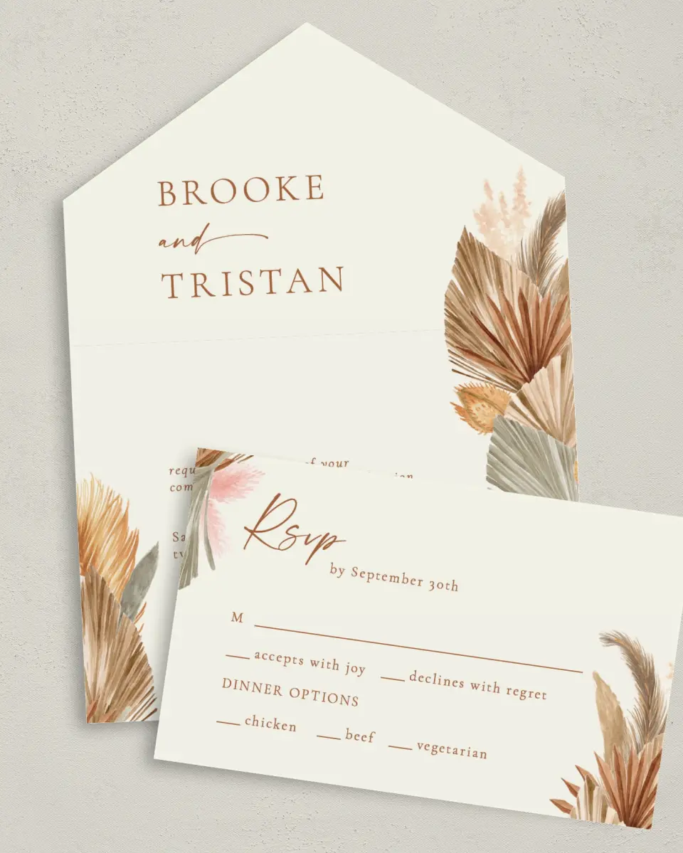 This is a 6" x 4½" All-in-One Wedding Invitation called Sandy Fronds printed in full color on Premium Smooth paper