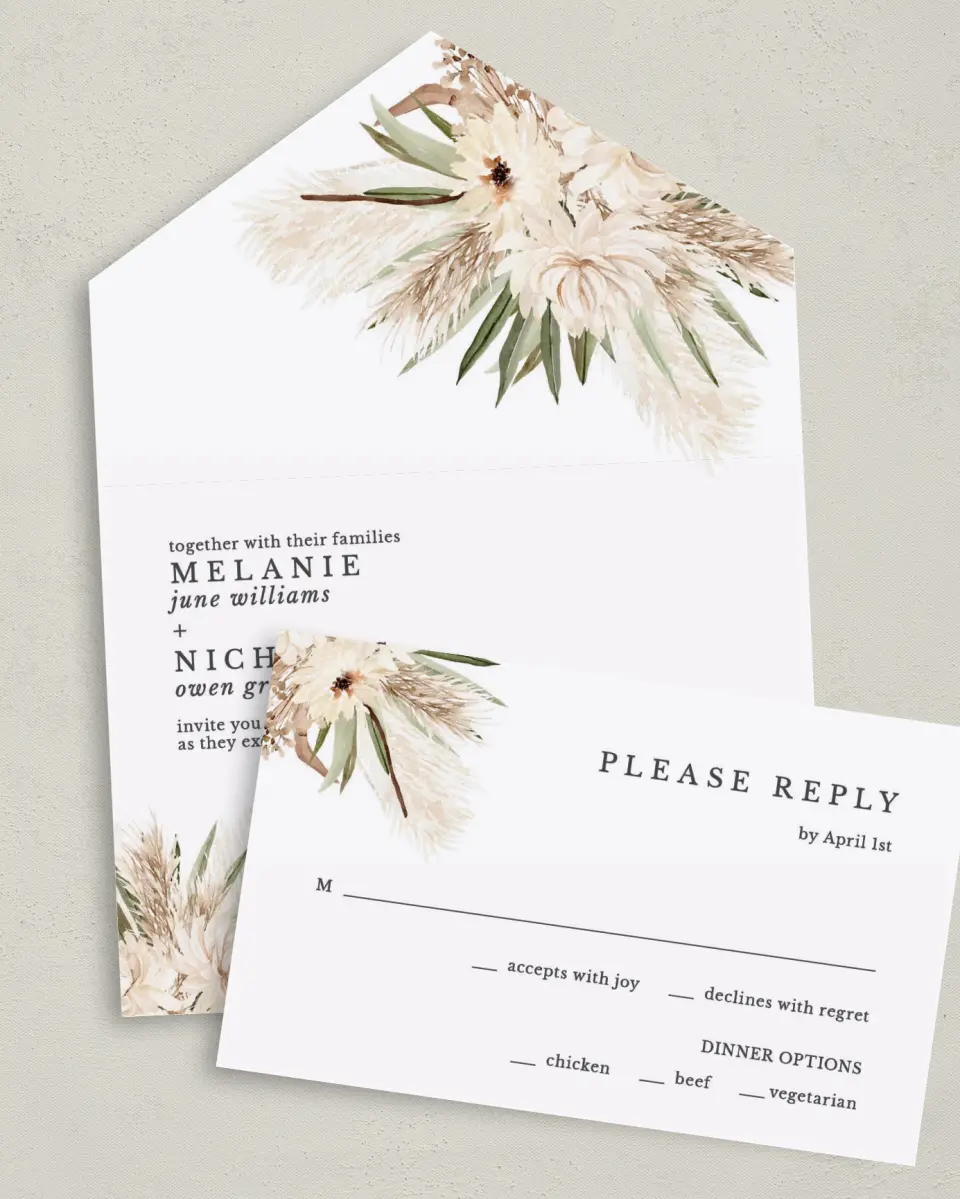 This is a 6" x 4½" All-in-One Wedding Invitation called Natural Boho printed in full color on Premium Smooth paper