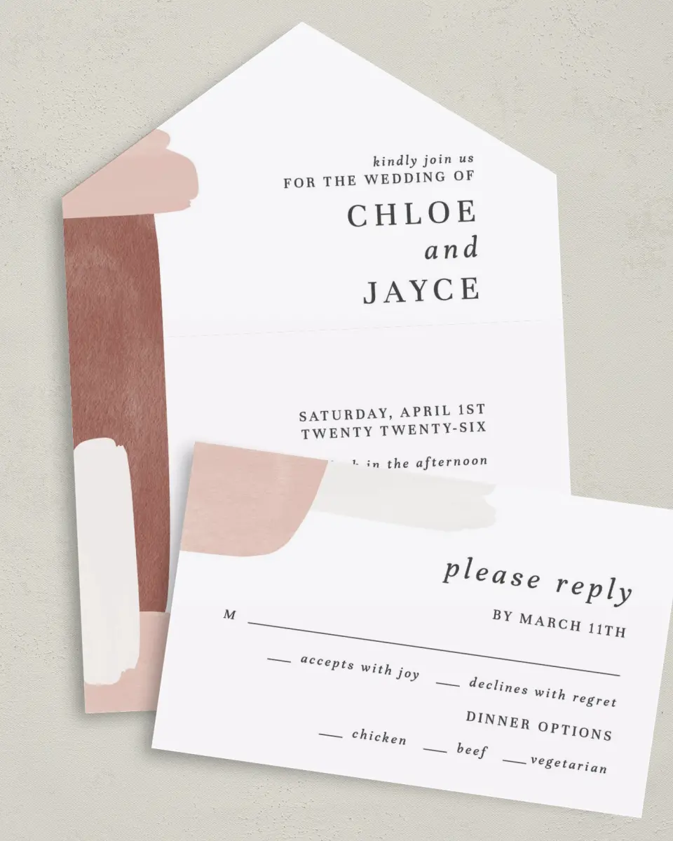 This is a 6" x 4½" All-in-One Wedding Invitation called Mod Paint printed in full color on Premium Smooth paper