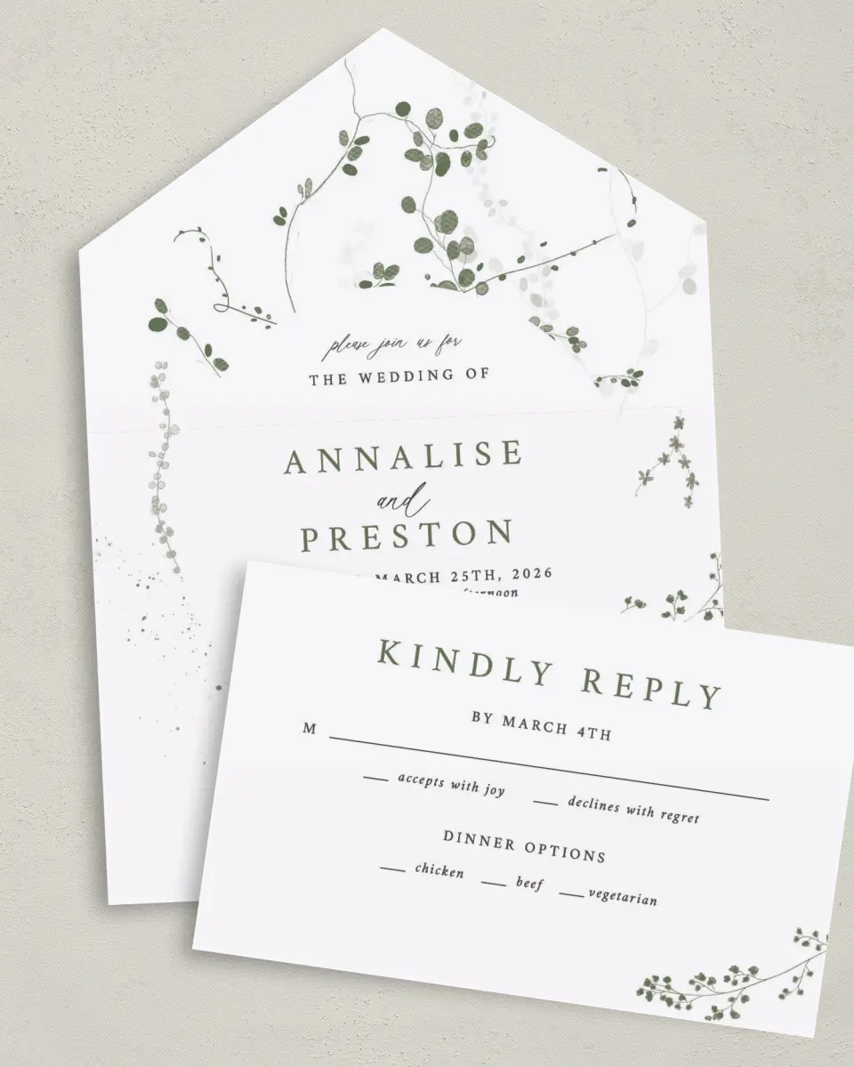 This is a 6" x 4½" All-in-One Wedding Invitation called Fresh Tendrils printed in full color on Premium Smooth paper