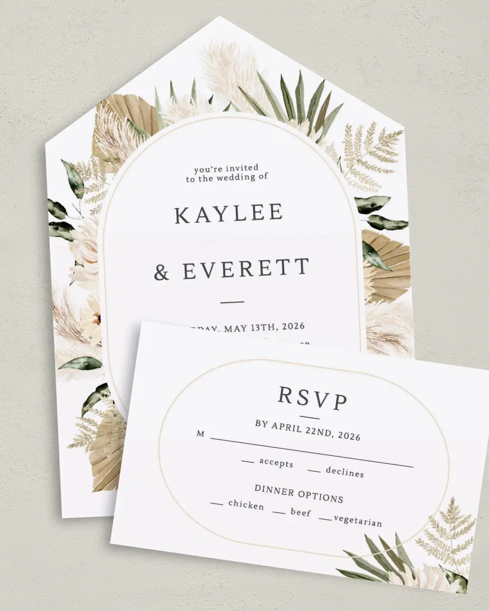 This is a 6" x 4½" All-in-One Wedding Invitation called Serene Flora printed in full color on Premium Smooth paper