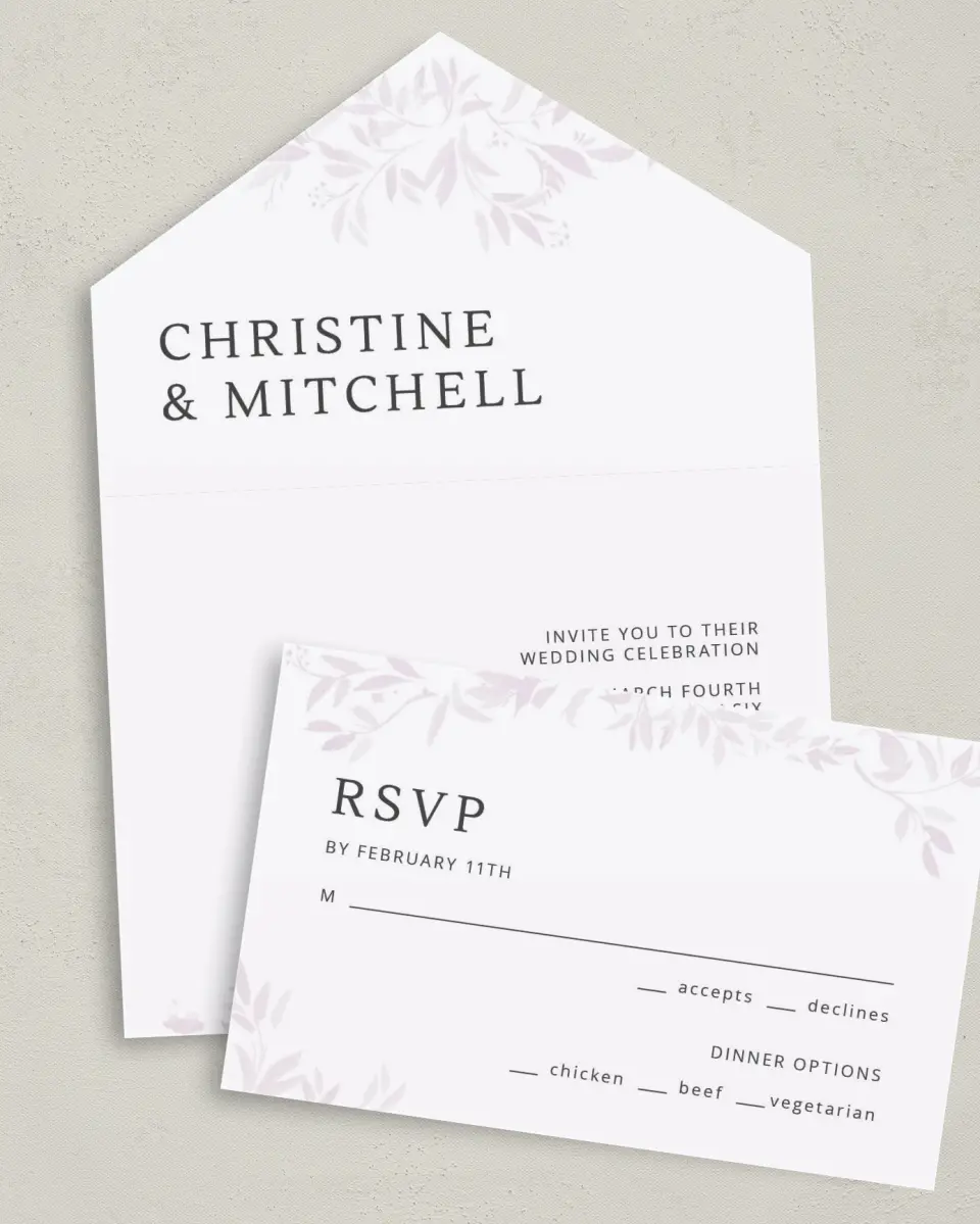 This is a 6" x 4½" All-in-One Wedding Invitation called Lush Leaves printed in full color on Premium Smooth paper