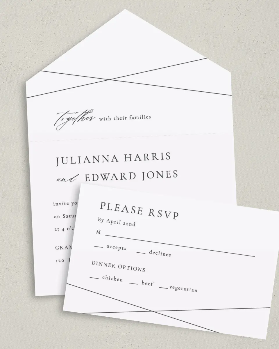 This is a 6" x 4½" All-in-One Wedding Invitation called Distinct Lines printed in full color on Premium Smooth paper