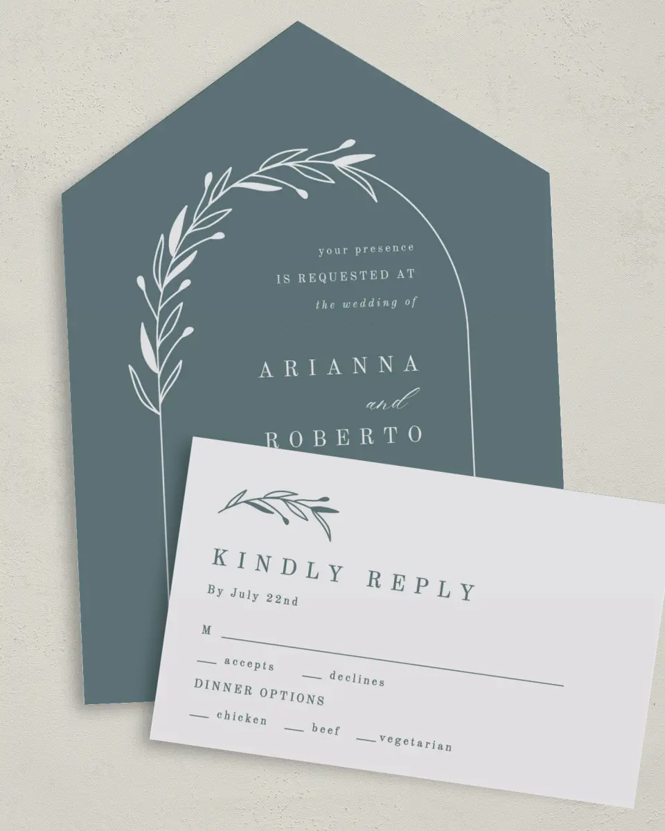 This is a 6" x 4½" All-in-One Wedding Invitation called Growing Arc printed in full color on Premium Smooth paper