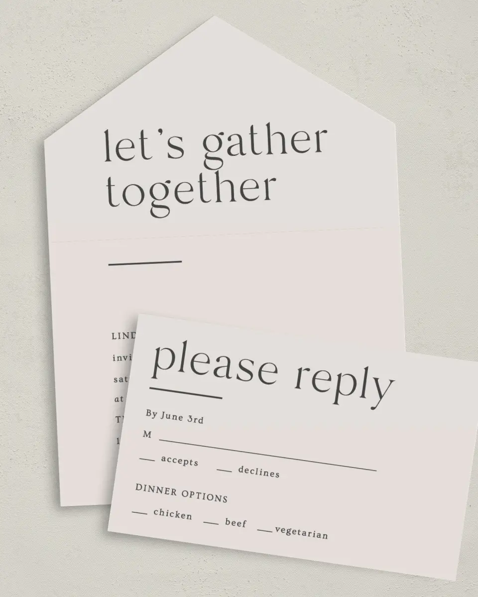 This is a 6" x 4½" All-in-One Wedding Invitation called Simple Gathering printed in full color on Premium Smooth paper