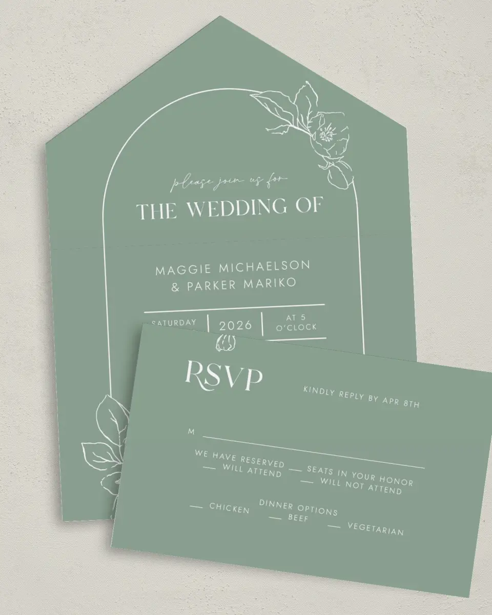 This is a 6" x 4½" All-in-One Wedding Invitation called Blossoming Arch printed in full color on Premium Smooth paper