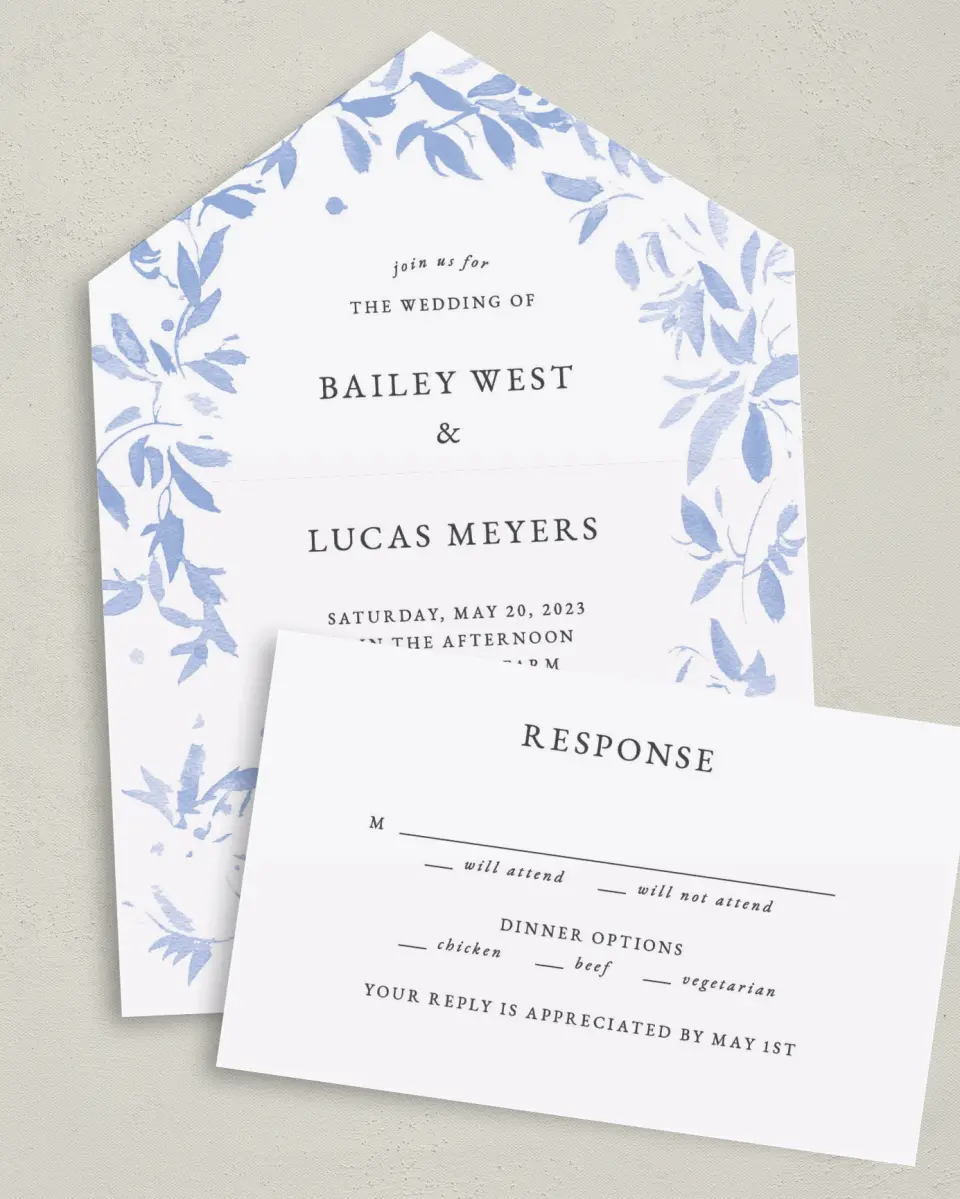 This is a 6" x 4½" All-in-One Wedding Invitation called Soft Botanics printed in full color on Premium Smooth paper
