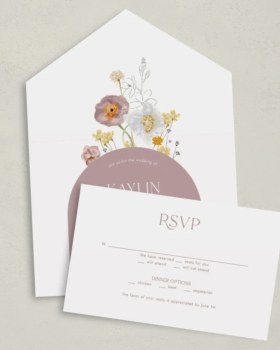 This is a 6" x 4½" All-in-One Wedding Invitation called Enchanting Wildflowers printed in full color on Premium Smooth paper