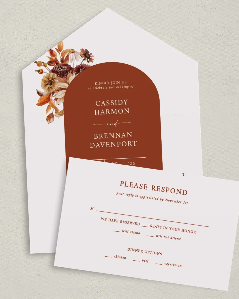 This is a 6" x 4½" All-in-One Wedding Invitation called Autumn Florals printed in full color on Premium Smooth paper