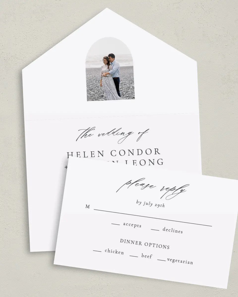 This is a 6" x 4½" All-in-One Wedding Invitation called Quiet Scene printed in full color on Premium Smooth paper