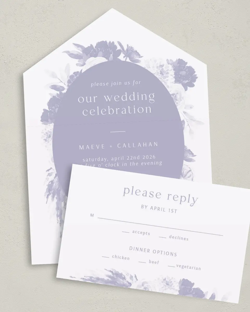 This is a 6" x 4½" All-in-One Wedding Invitation called Sweet Botanical printed in full color on Premium Smooth paper