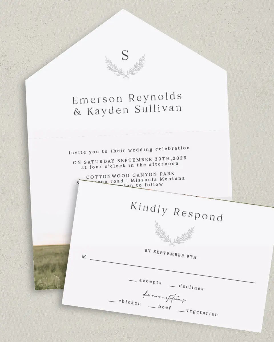 This is a 6" x 4½" All-in-One Wedding Invitation called Soft Sprig printed in full color on Premium Smooth paper