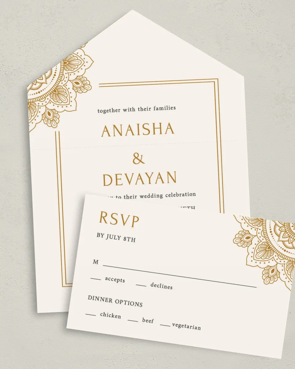 This is a 6" x 4½" All-in-One Wedding Invitation called Indian Mandala printed in full color on Premium Smooth paper