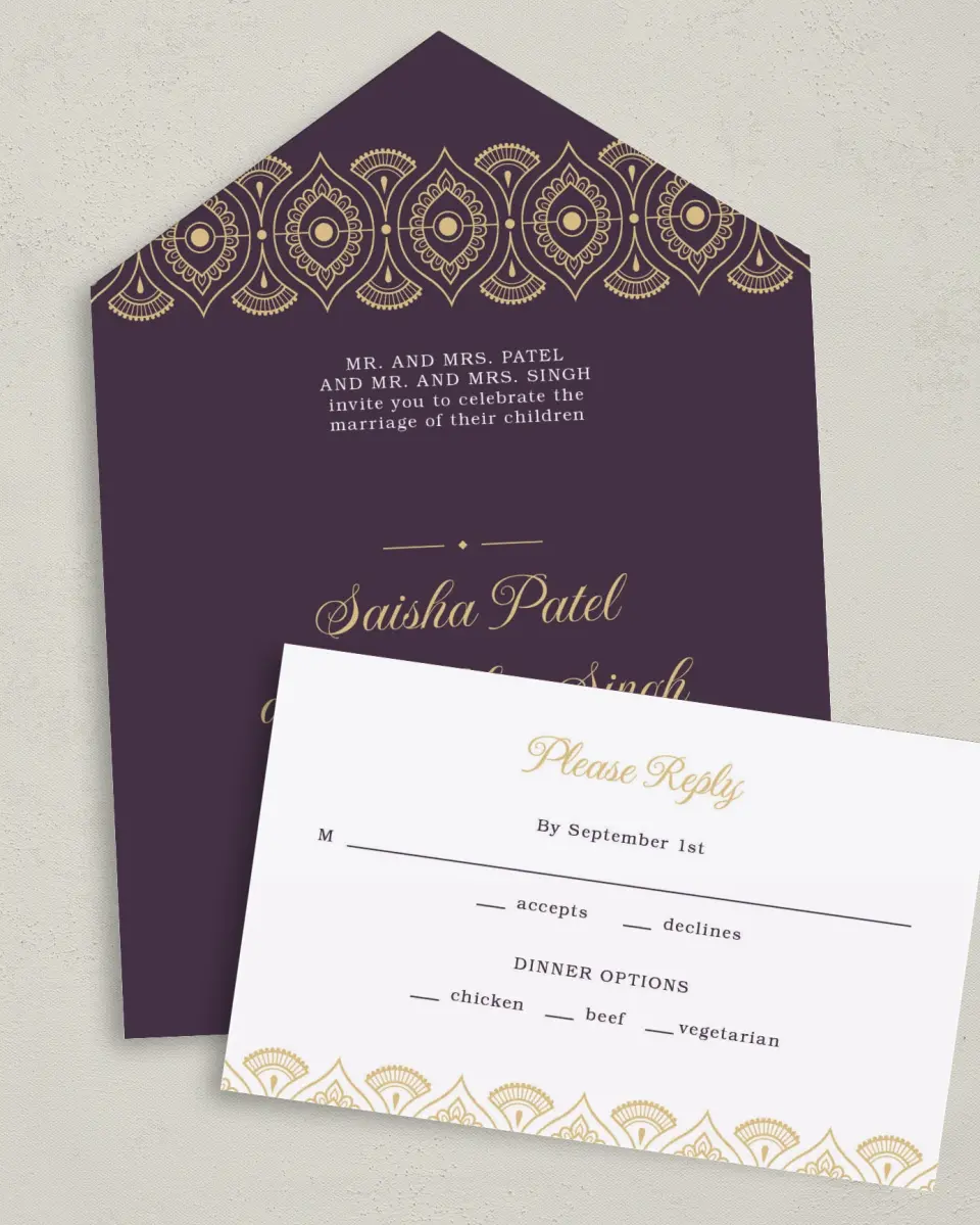 This is a 6" x 4½" All-in-One Wedding Invitation called Royal Pattern printed in full color on Premium Smooth paper