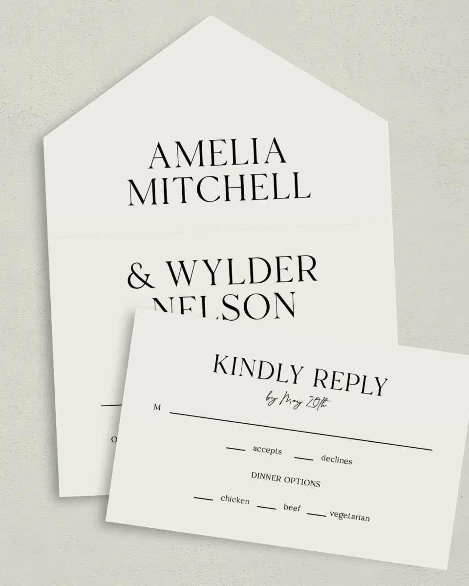 This is a 6" x 4½" All-in-One Wedding Invitation called Noble Names printed in full color on Premium Smooth paper