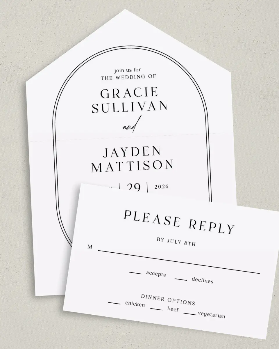 This is a 6" x 4½" All-in-One Wedding Invitation called Dramatic Date printed in full color on Premium Smooth paper