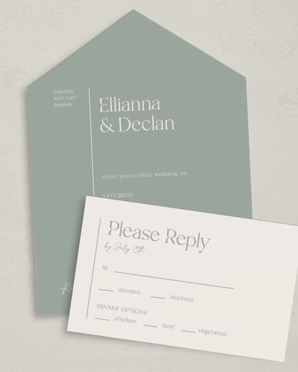 This is a 6" x 4½" All-in-One Wedding Invitation called Elegant Lines printed in full color on Premium Smooth paper