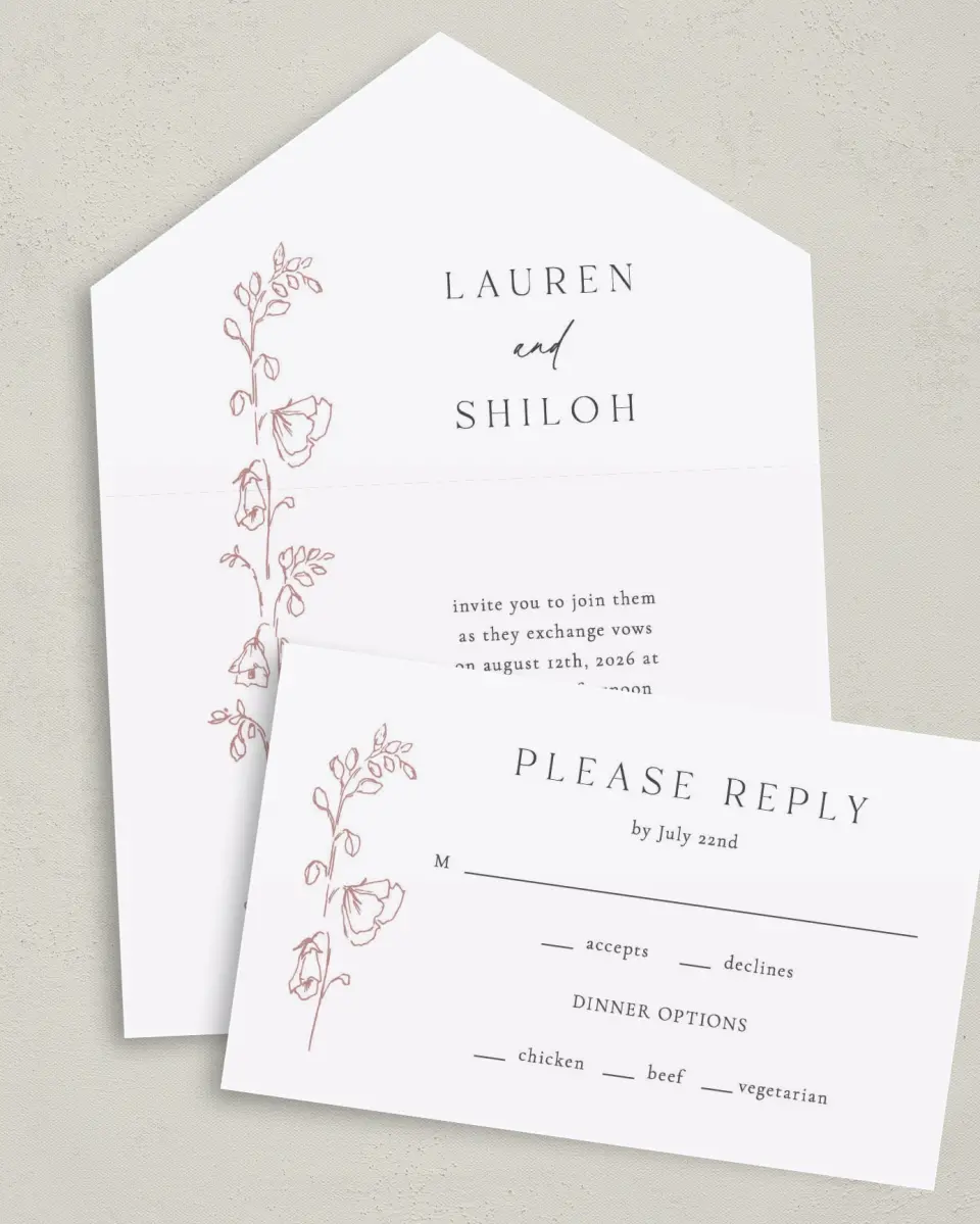 This is a 6" x 4½" All-in-One Wedding Invitation called Cute + Charming printed in full color on Premium Smooth paper