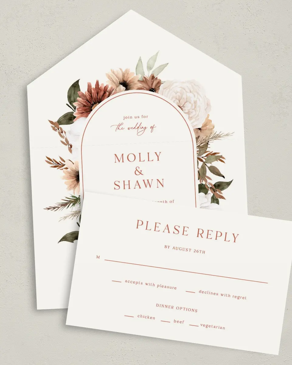 This is a 6" x 4½" All-in-One Wedding Invitation called Autumn Blooms printed in full color on Premium Smooth paper