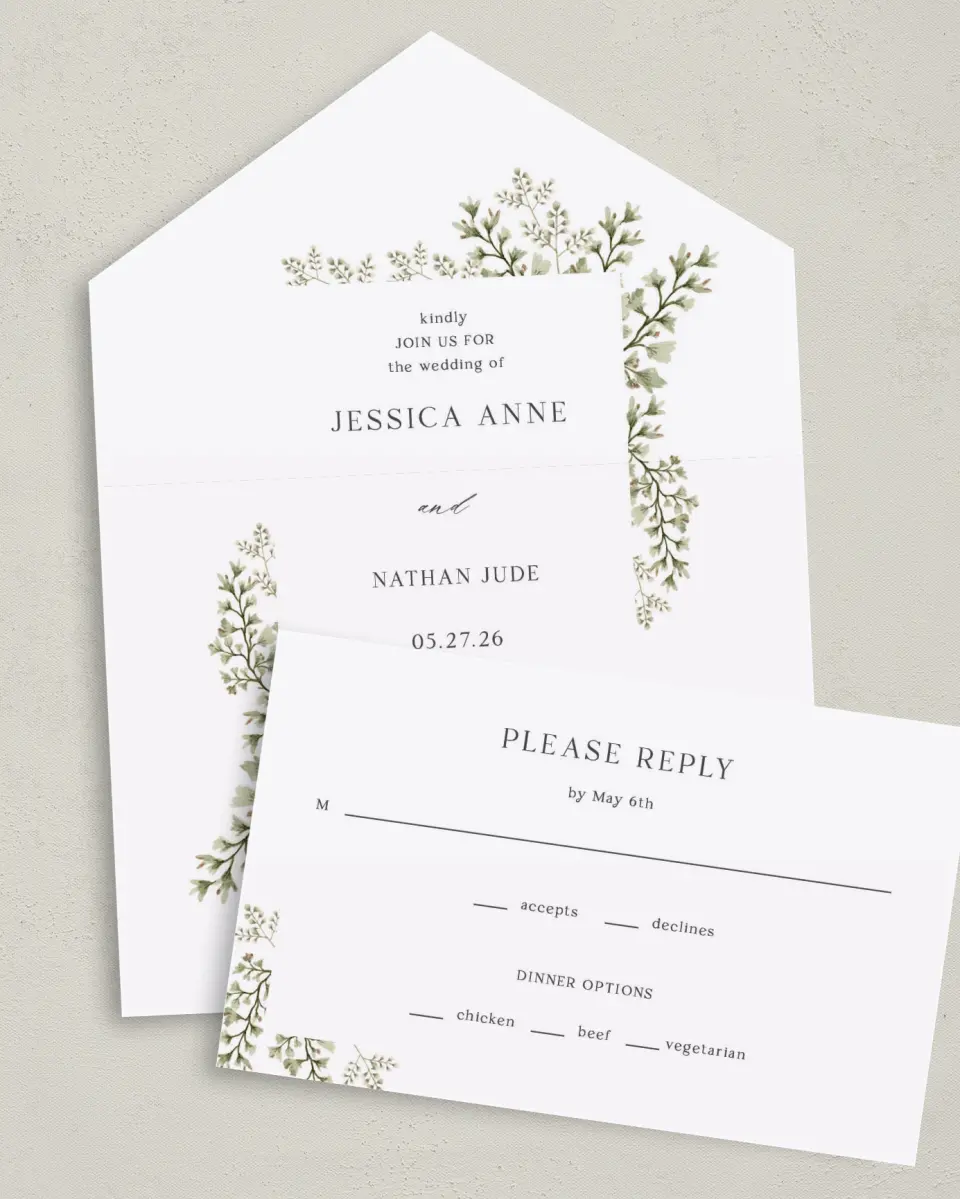 This is a 6" x 4½" All-in-One Wedding Invitation called Leaves of Love printed in full color on Premium Smooth paper