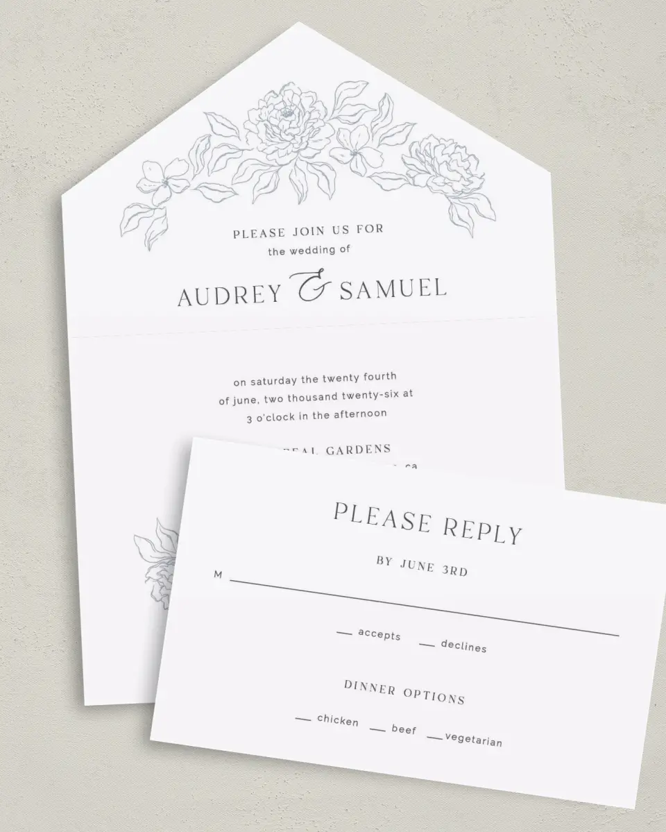 This is a 6" x 4½" All-in-One Wedding Invitation called Graceful Petals printed in full color on Premium Smooth paper
