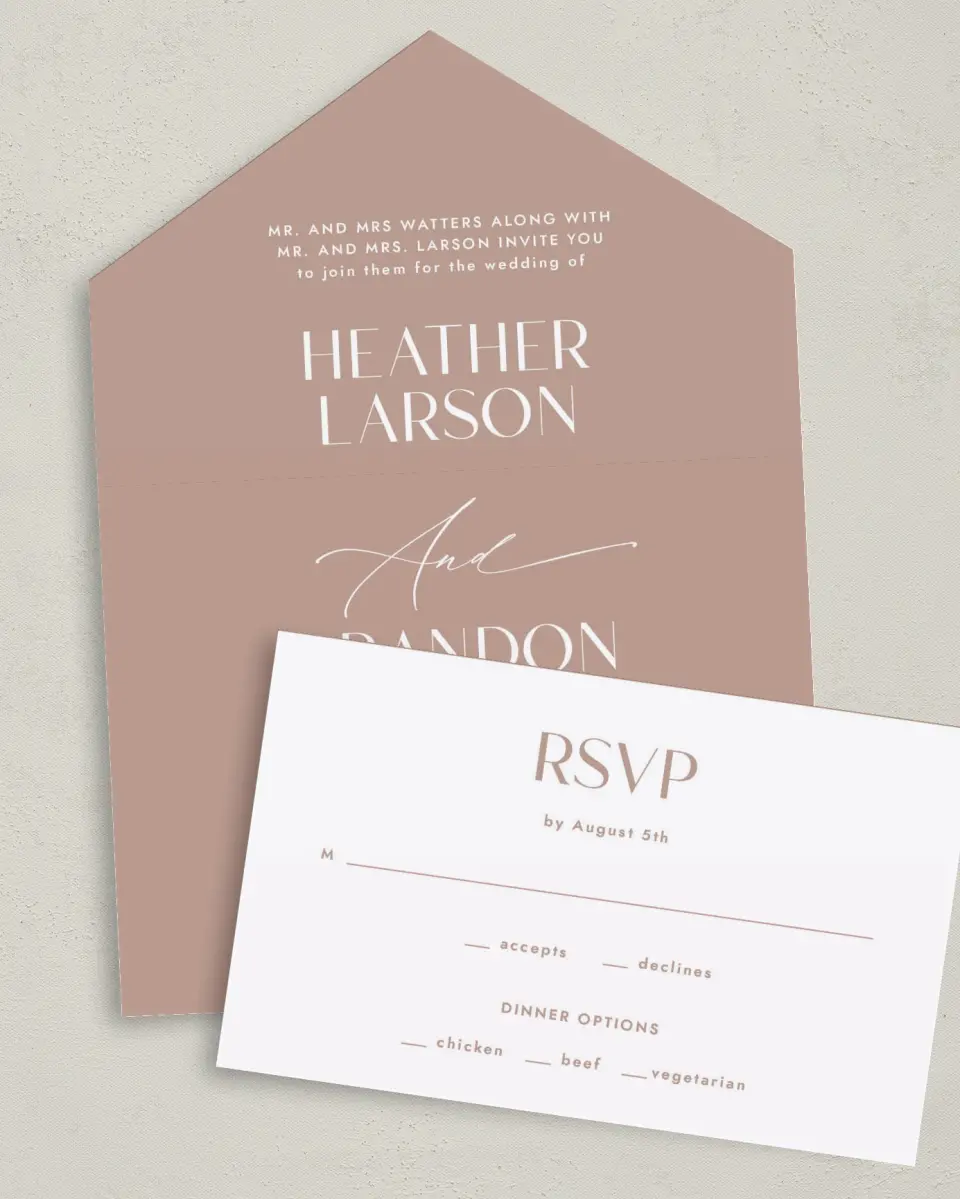 This is a 6" x 4½" All-in-One Wedding Invitation called Neat Names printed in full color on Premium Smooth paper