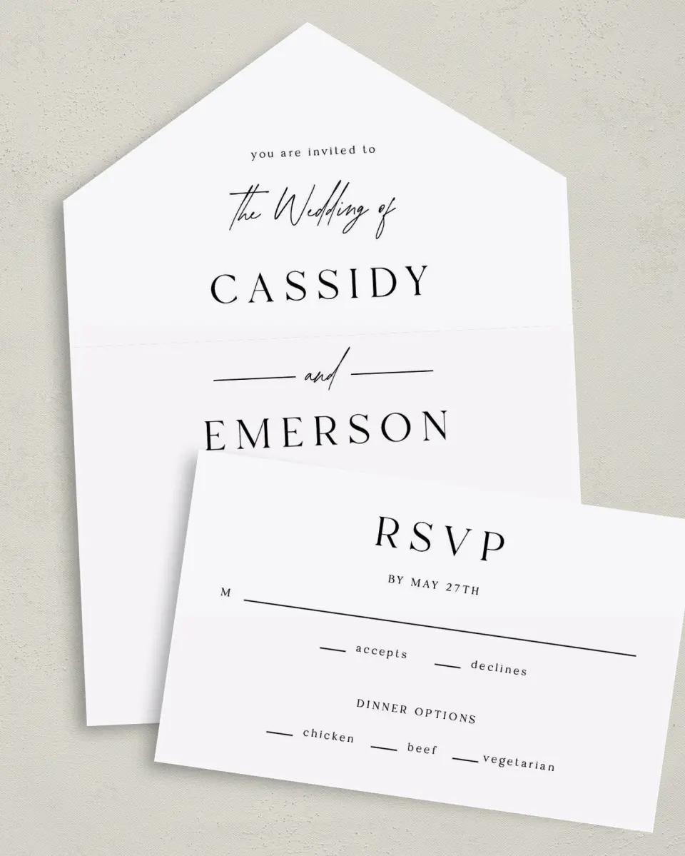 This is a 6" x 4½" All-in-One Wedding Invitation called Devoted Delight printed in full color on Premium Smooth paper