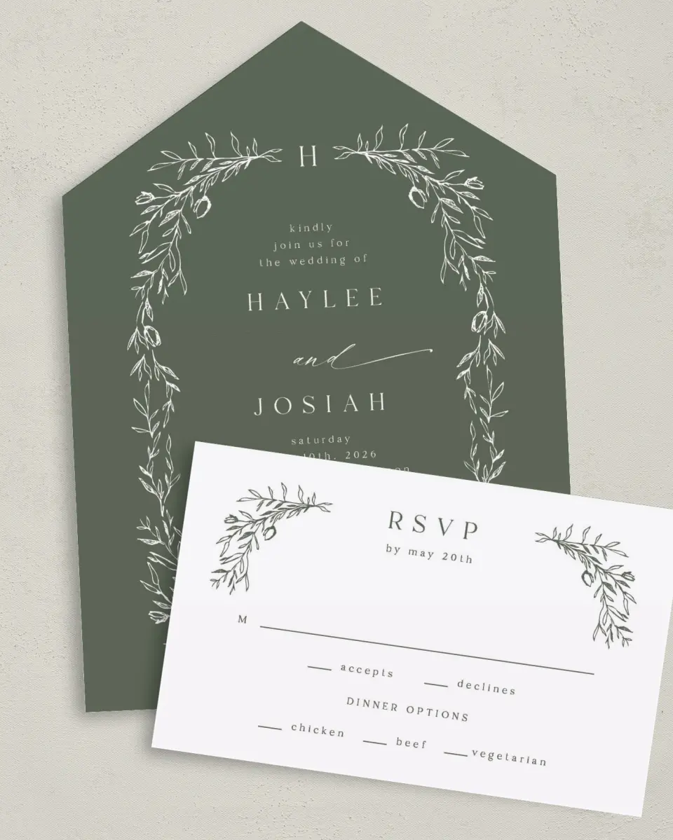 This is a 6" x 4½" All-in-One Wedding Invitation called Flourishing Frame printed in full color on Premium Smooth paper