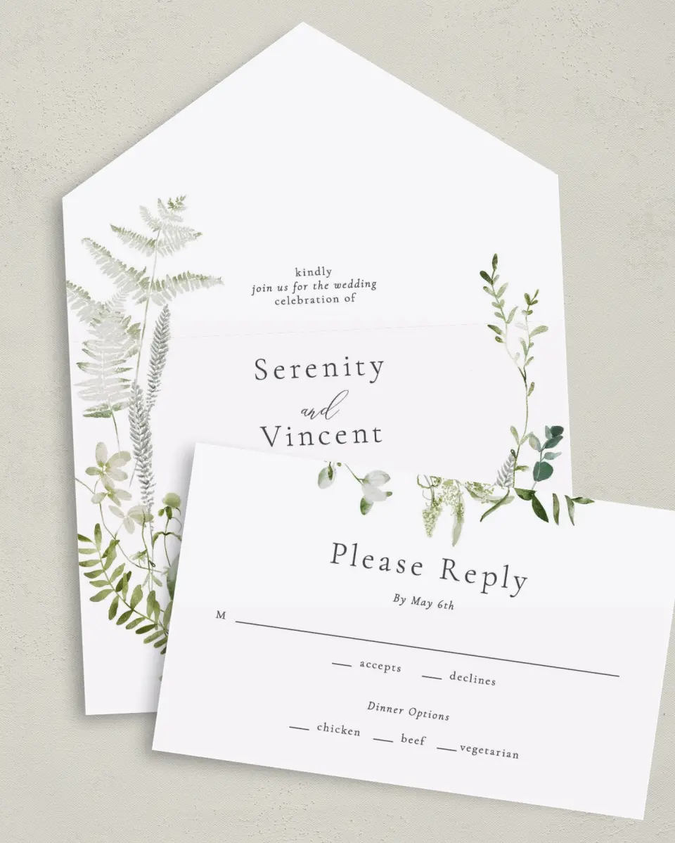 This is a 6" x 4½" All-in-One Wedding Invitation called Graceful Greenery printed in full color on Premium Smooth paper