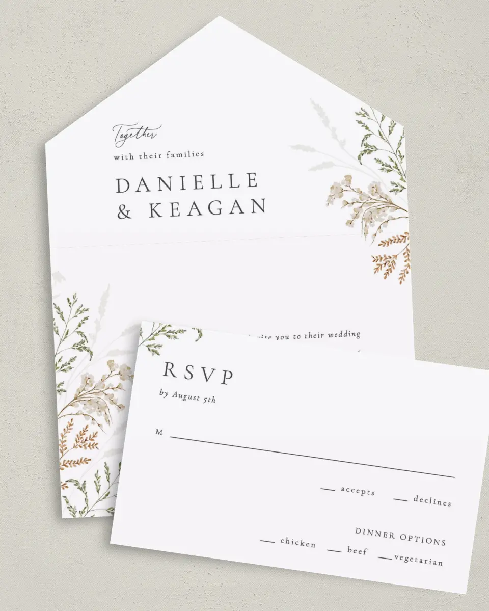 This is a 6" x 4½" All-in-One Wedding Invitation called Wild Devotion printed in full color on Premium Smooth paper