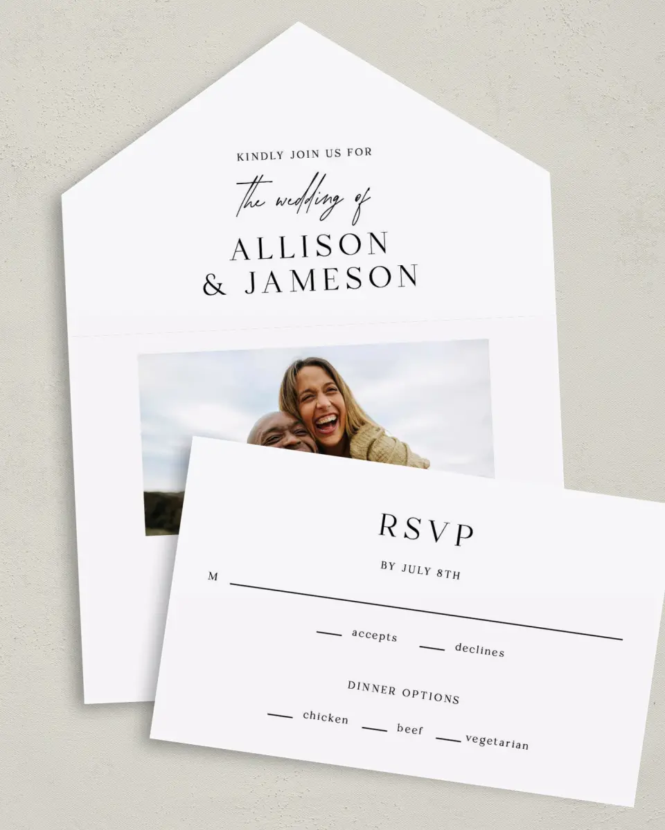 This is a 6" x 4½" All-in-One Wedding Invitation called Simple Signature printed in full color on Premium Smooth paper