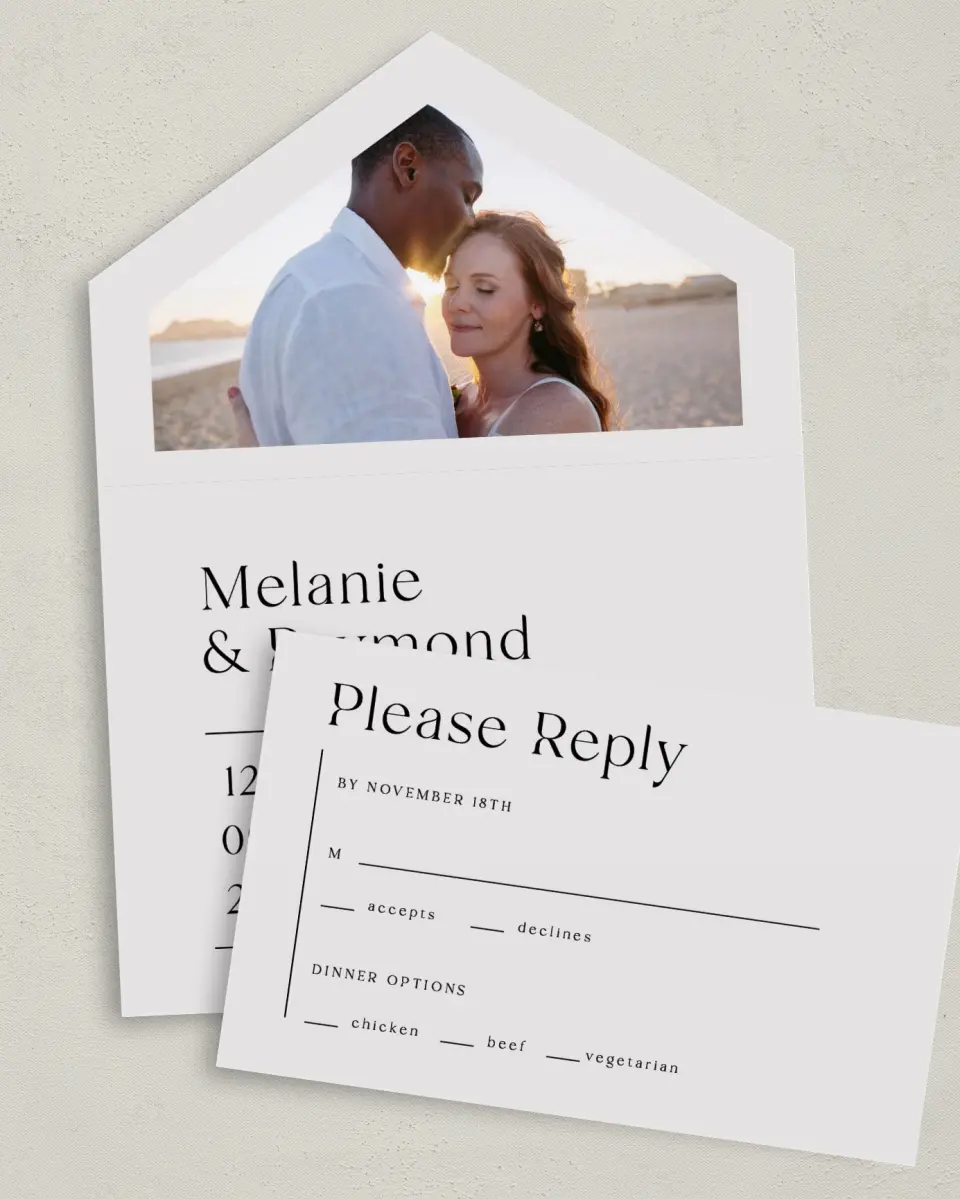 This is a 6" x 4½" All-in-One Wedding Invitation called Styled Lines printed in full color on Premium Smooth paper