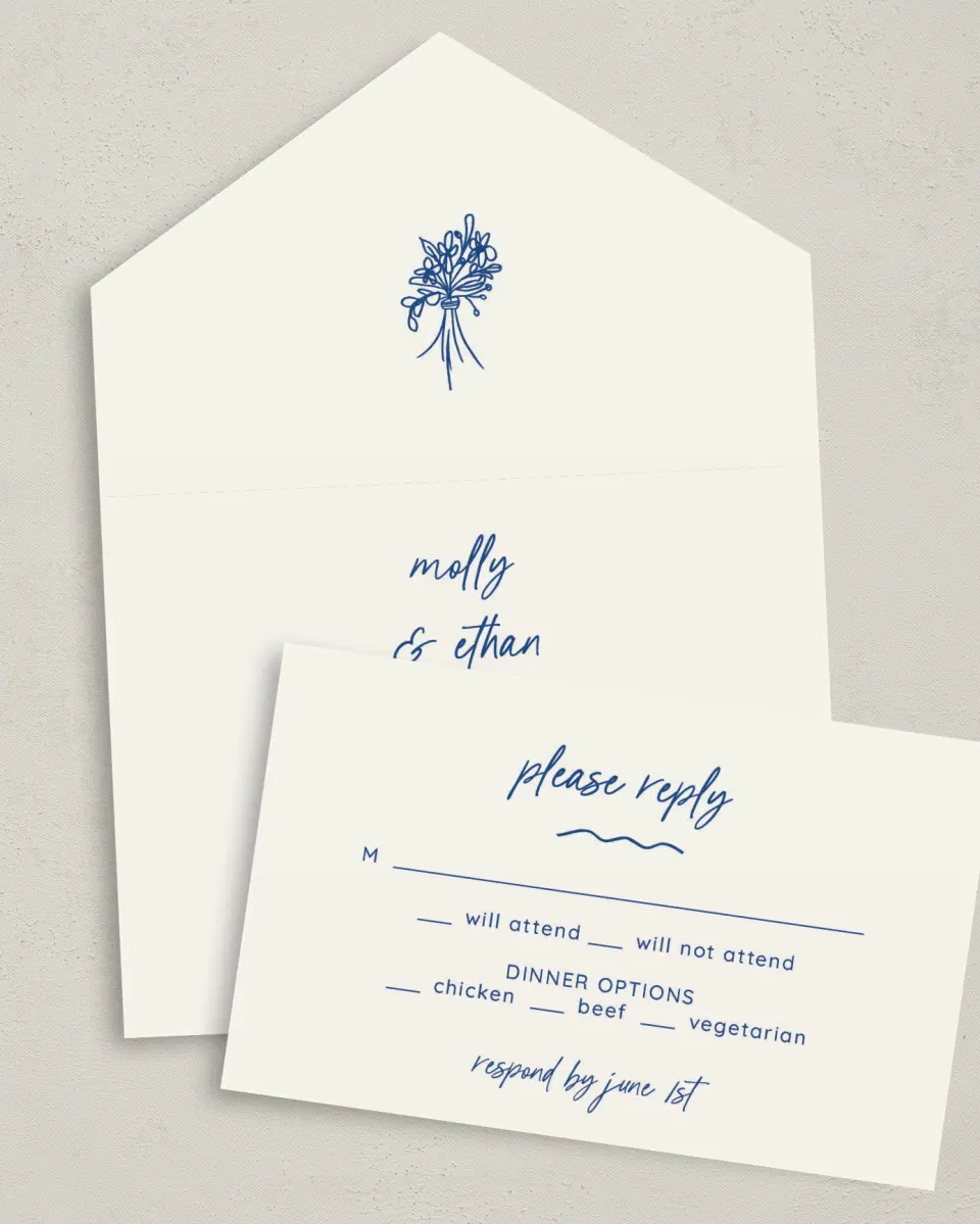 This is a 6" x 4½" All-in-One Wedding Invitation called Drawn To You printed in full color on Premium Smooth paper