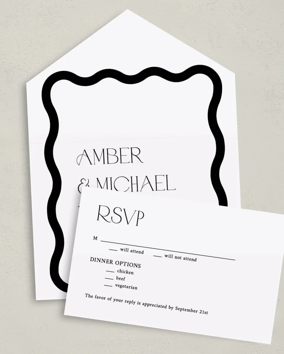This is a 6" x 4½" All-in-One Wedding Invitation called The Amber printed in full color on Premium Smooth paper