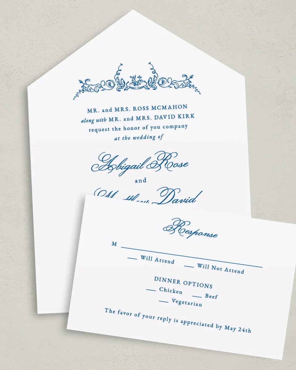 This is a 6" x 4½" All-in-One Wedding Invitation called Ornamental Elegance printed in full color on Premium Smooth paper