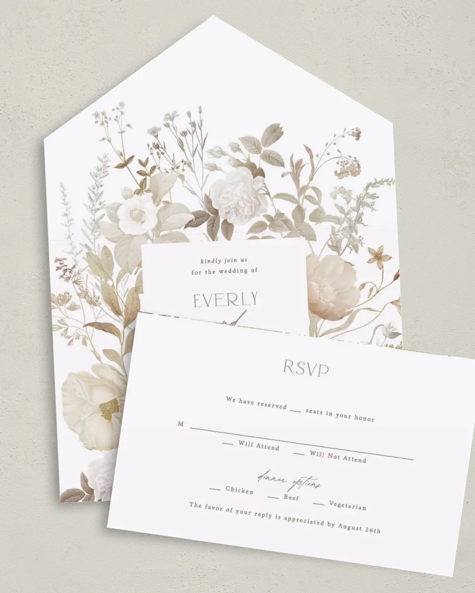 This is a 6" x 4½" All-in-One Wedding Invitation called The Everly printed in full color on Premium Smooth paper