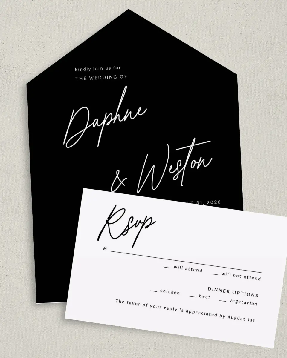 This is a 6" x 4½" All-in-One Wedding Invitation called Scripted Love printed in full color on Premium Smooth paper