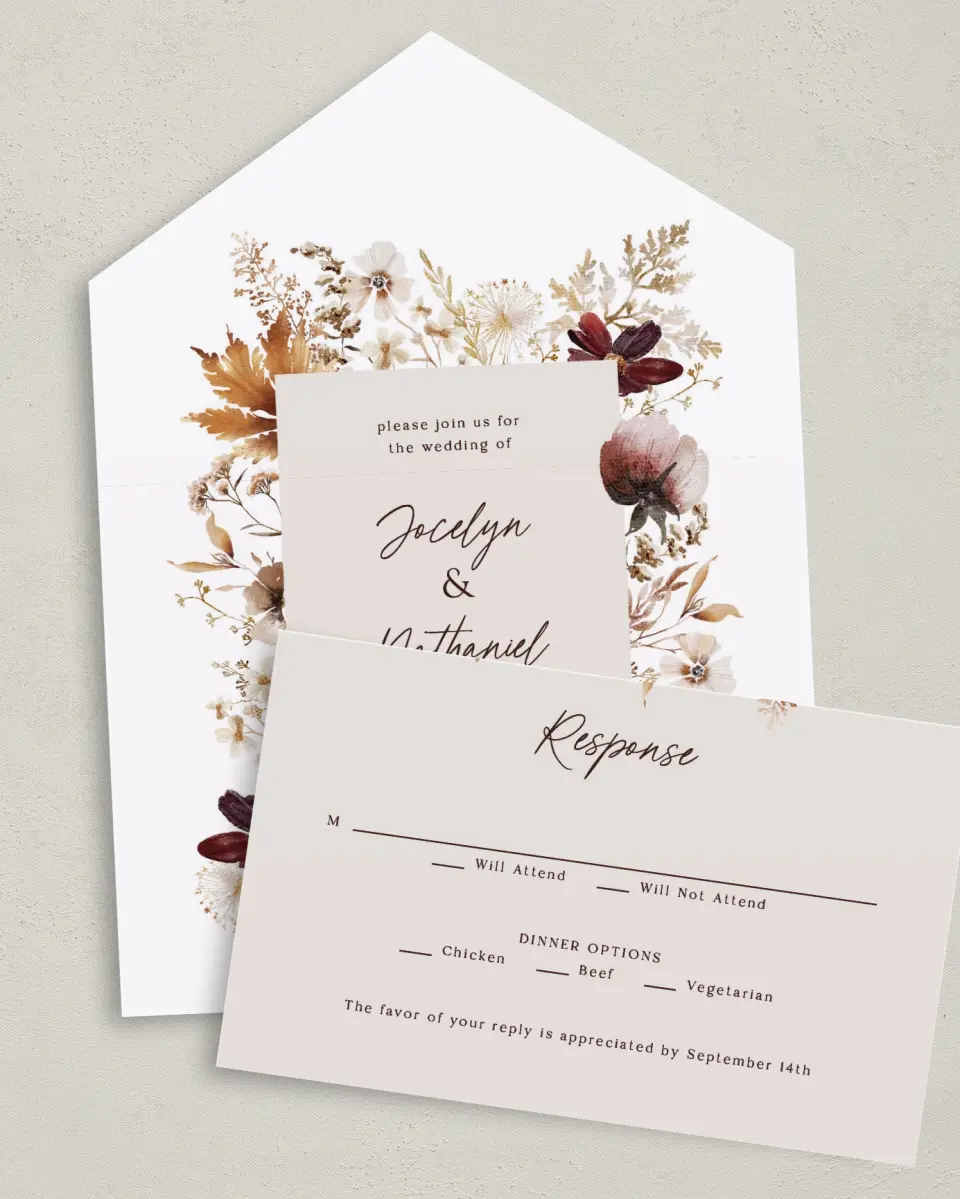 This is a 6" x 4½" All-in-One Wedding Invitation called Autumn Wildflowers printed in full color on Premium Smooth paper