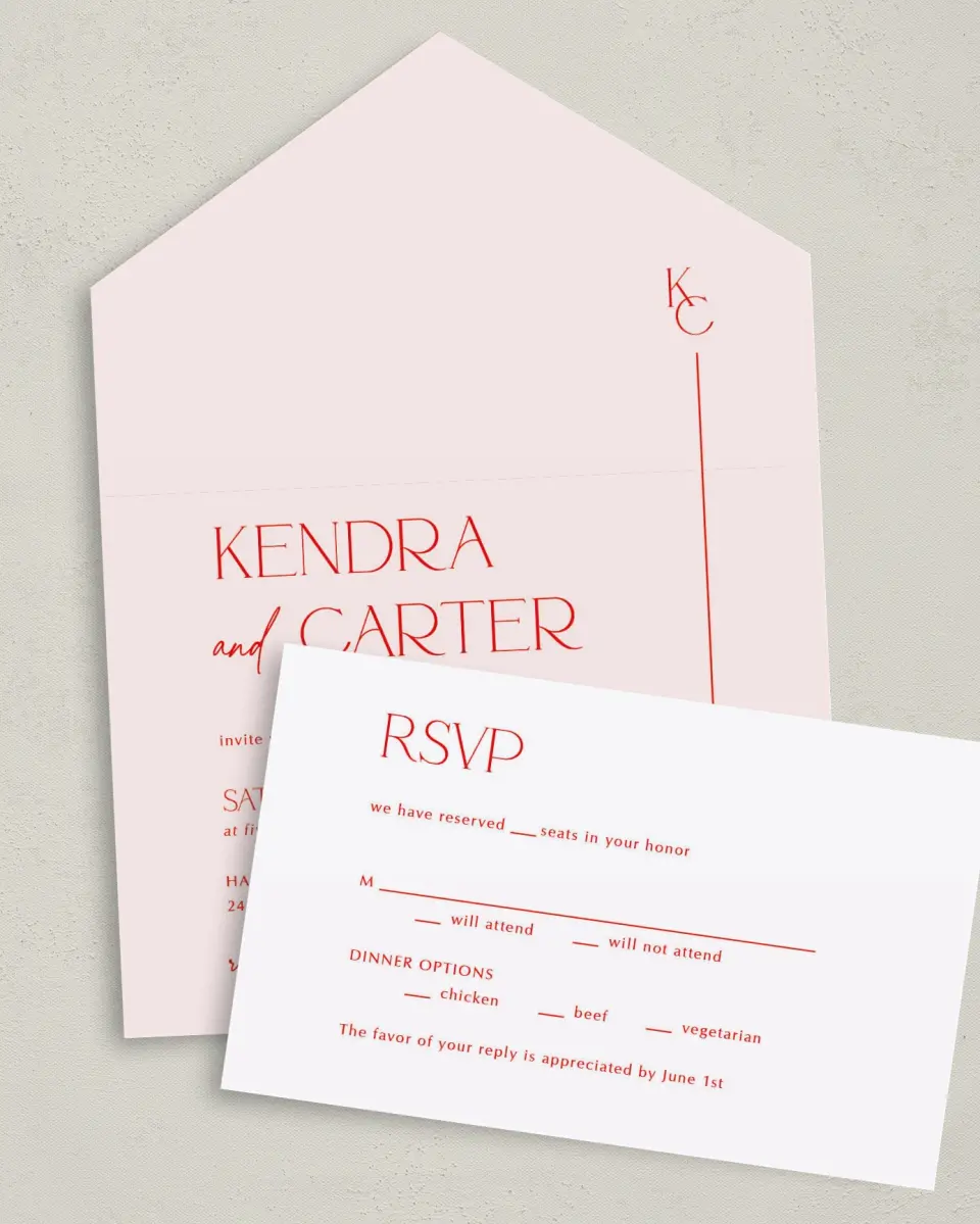 This is a 6" x 4½" All-in-One Wedding Invitation called Initial Unity printed in full color on Premium Smooth paper