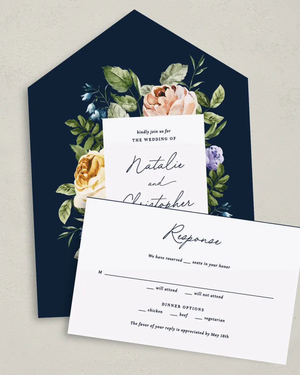 This is a 6" x 4½" All-in-One Wedding Invitation called The Natalie printed in full color on Premium Smooth paper