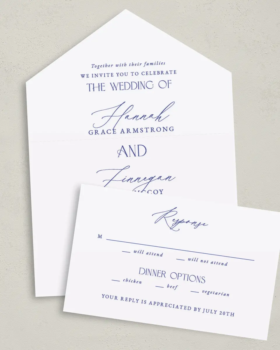 This is a 6" x 4½" All-in-One Wedding Invitation called Modern Chinoiserie printed in full color on Premium Smooth paper