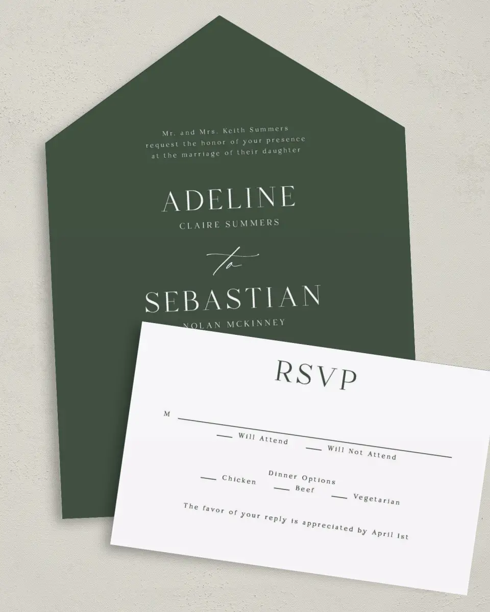 This is a 6" x 4½" All-in-One Wedding Invitation called True Tradition printed in full color on Premium Smooth paper
